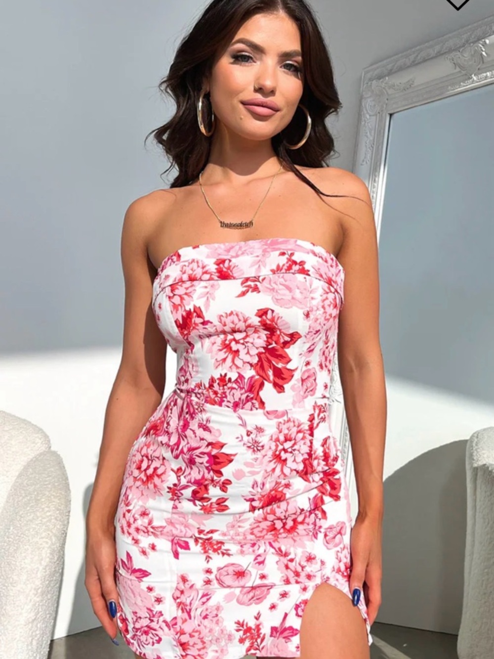 Strapless Floral Sheath Dress in Pink and Red
